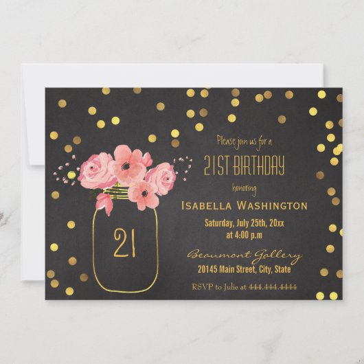 Invitation 21e anniversaire| Gold Mason Jar Confetti Chalkboa (Devant)