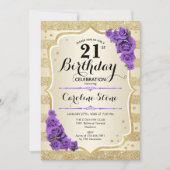Invitation 21e anniversaire - Gold Stripes Purple Roses (Devant)