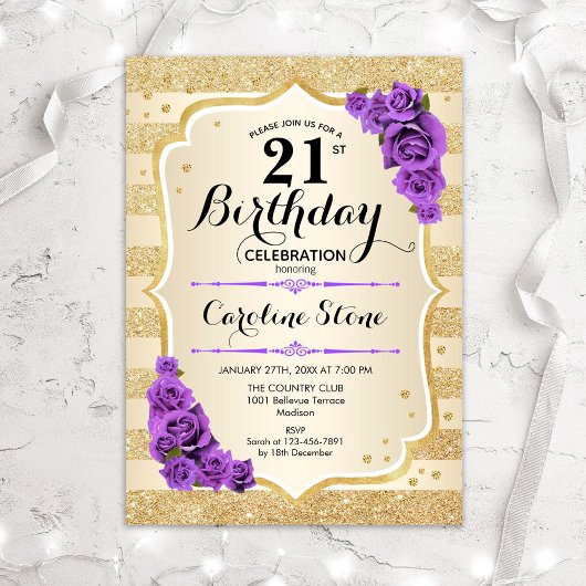Invitation 21e anniversaire - Gold Stripes Purple Roses