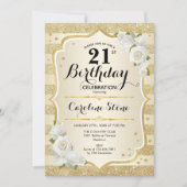 Invitation 21e anniversaire - Gold Stripes Roses blanches (Devant)