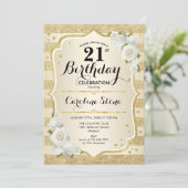 Invitation 21e anniversaire - Gold Stripes Roses blanches (Debout devant)