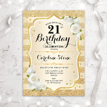 Invitation 21e anniversaire - Gold Stripes Roses blanches<br><div class="desc">Invitation du 21e anniversaire. Design floral élégant en or et blanc. Comprend des rayures d'or de parties scintillant,  des roses blanches,  des polices de caractères stylisées et des confettis. Parfait pour une fête d'anniversaire glam.</div>