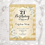 Invitation 21e anniversaire - Gold Stripes Roses blanches<br><div class="desc">Invitation du 21e anniversaire. Design floral élégant en or et blanc. Comprend des rayures d'or de parties scintillant,  des roses blanches,  des polices de caractères stylisées et des confettis. Parfait pour une fête d'anniversaire glam.</div>