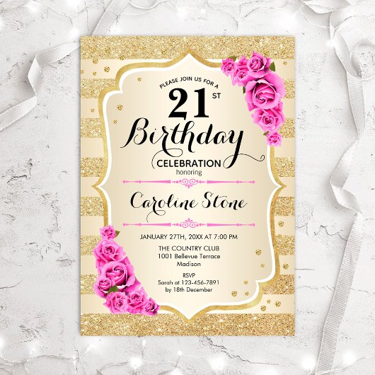 Invitation 21e anniversaire - Gold Stripes Roses Rose Invitat