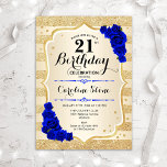 Invitation 21e anniversaire - Gold Stripes Royal Blue Roses<br><div class="desc">Invitation du 21e anniversaire. Design élégant en or et bleu roi. Comprend des rayures d'or de parties scintillant faux,  saphir rose police de script et confetti. Parfait pour une fête d'anniversaire glam.</div>