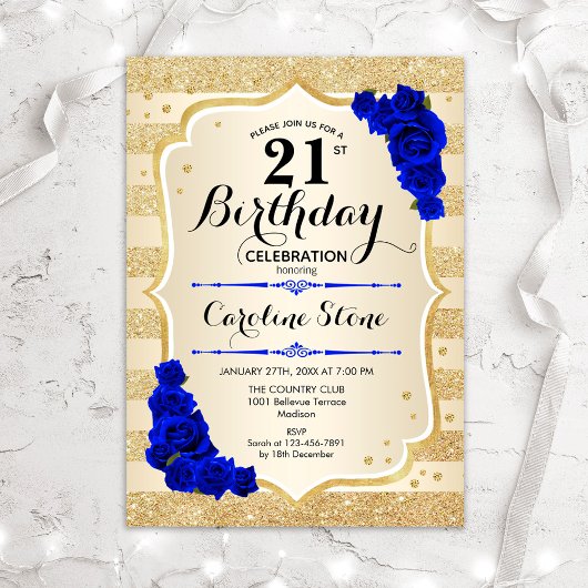 Invitation 21e anniversaire - Gold Stripes Royal Blue Roses