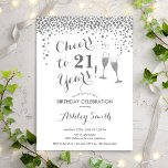 Invitation 21e Anniversaire - Joue À 21 Ans Argent Blanc<br><div class="desc">Invitation du 21e anniversaire. Salutations À 21 Ans ! Design élégant en blanc et argent. Il comprend des verres à champagne,  des caractères de script et des confettis. Parfait pour une fête d'anniversaire élégante. Personnalisez avec vos propres détails. Peut être customisé pour montrer n'importe quel âge.</div>