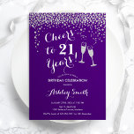 Invitation 21e Anniversaire - Joue À 21 Ans D'Argent Violet<br><div class="desc">Invitation du 21e anniversaire. Salutations À 21 Ans ! Design élégant en violet, blanc et argent. Il comprend des verres à champagne, des caractères de script et des confettis en argent parties scintillant. Parfait pour une fête d'anniversaire élégante. Personnalisez avec vos propres détails. Peut être customisé pour montrer n'importe quel...</div>