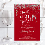 Invitation 21e Anniversaire - Joyeux À 21 Ans Argent Rouge<br><div class="desc">Invitation du 21e anniversaire. Salutations À 21 Ans ! Design élégant en rouge, blanc et argent. Il comprend des verres à champagne, des caractères de script et des confettis en argent parties scintillant. Parfait pour une fête d'anniversaire élégante. Personnalisez avec vos propres détails. Peut être customisé pour montrer n'importe quel...</div>