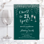 Invitation 21e Anniversaire - Joyeux À 21 Ans Argent Vert<br><div class="desc">Invitation du 21e anniversaire. Salutations À 21 Ans ! Design élégant en vert émeraude, blanc et argent. Il comprend des verres à champagne, des caractères de script et des confettis en argent parties scintillant. Parfait pour une fête d'anniversaire élégante. Personnalisez avec vos propres détails. Peut être customisé pour montrer n'importe...</div>