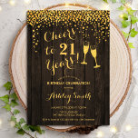 Invitation 21e Anniversaire - Joyeux À 21 Ans Bois D'Or<br><div class="desc">Invitation du 21e anniversaire. Salutations À 21 Ans ! Le design rustique présente un motif en bois brun foncé,  des verres à champagne,  des caractères de script et des confettis. Parfait pour une fête d'anniversaire élégante. Personnalisez avec vos propres détails. Peut être customisé pour montrer n'importe quel âge.</div>