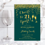 Invitation 21e Anniversaire - Joyeux À 21 Ans Emerald Green<br><div class="desc">Invitation du 21e anniversaire. Salutations À 21 Ans ! Design élégant en vert émeraude et or. Il comprend des verres à champagne,  des caractères de script et des confettis. Parfait pour une fête d'anniversaire élégante. Personnalisez avec vos propres détails. Peut être customisé pour montrer n'importe quel âge.</div>