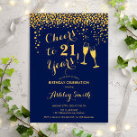 Invitation 21e Anniversaire - Joyeux À 21 Ans Marine Or<br><div class="desc">Invitation du 21e anniversaire. Salutations À 21 Ans ! Design élégant en marine et en or. Il comprend des verres à champagne,  des caractères de script et des confettis. Parfait pour une fête d'anniversaire élégante. Personnalisez avec vos propres détails. Peut être customisé pour montrer n'importe quel âge.</div>