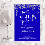 Invitation 21e Anniversaire - Joyeux À 21 Ans Royal Blue<br><div class="desc">Invitation du 21e anniversaire. Salutations À 21 Ans ! Design élégant en bleu royal, blanc et argent. Il comprend des verres à champagne, des caractères de script et des confettis en argent parties scintillant. Parfait pour une fête d'anniversaire élégante. Personnalisez avec vos propres détails. Peut être customisé pour montrer n'importe...</div>