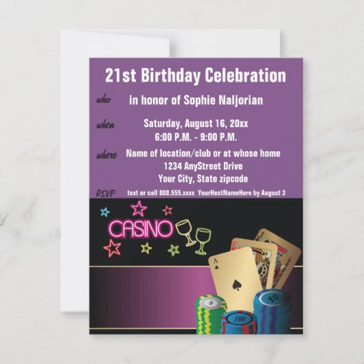 Invitation 21e anniversaire Las Vegas ou Casino (Devant)