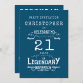 Invitation 21e anniversaire Légendaire Bleu Ajouter Nom Légen (Devant / Derrière)