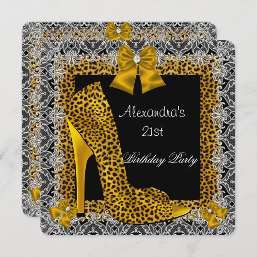 Invitation 21e Anniversaire Leopard Gold High Heel Chaussure (Devant / Derrière)