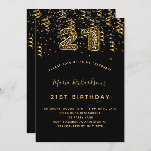 Invitation 21e anniversaire leopard noir motif confetti (Devant / Derrière)