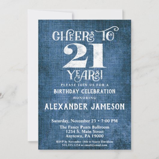 Invitation 21e Anniversaire Linen Bleu Bravo Rusti (Devant)