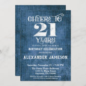 Invitation 21e Anniversaire Linen Bleu Bravo Rusti (Devant / Derrière)