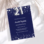 Invitation 21e anniversaire marine bleu argent étoiles<br><div class="desc">Une invitation moderne,  élégante et glamour pour une fête de 21e anniversaire. Un arrière - plan bleu marine,  décoré de faux étoiles argentées. Personnalisez et ajoutez votre nom et les détails de votre fête. Le numéro 21 est écrit avec une police de style ballon.</div>
