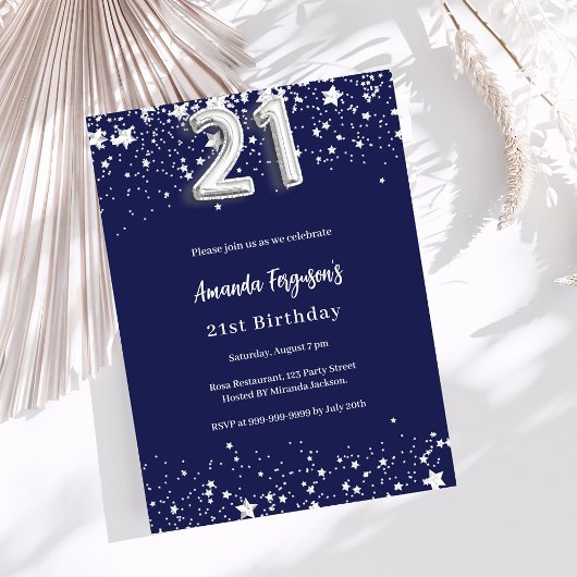 Invitation 21e anniversaire marine bleu argent étoiles