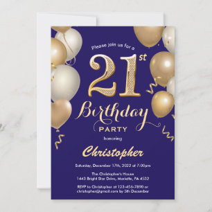 Invitation 21e anniversaire Marine Bleu et Ballons d'or Confe