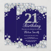 Invitation 21e anniversaire Marine Bleu et Diamant d'argent (Devant / Derrière)