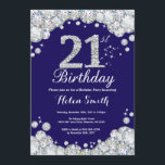 Invitation 21e anniversaire Marine Bleu et Diamant d'argent<br><div class="desc">Invitation du 21e anniversaire. Marine Blue et Silver Rhinestone Diamond. Élégant invitation de Bassorh Anniversaire. Anniversaire adulte. Femmes Anniversaire. Hommes Anniversaire. Pour plus de personnalisation,  cliquez sur le bouton "Customiser" et utilisez notre outil de conception pour modifier ce modèle.</div>
