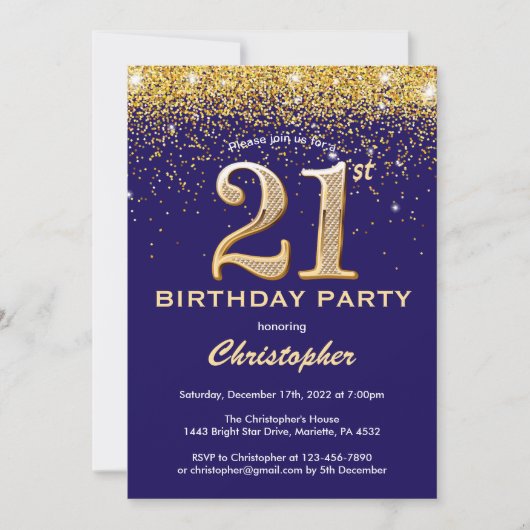 Invitation 21e anniversaire Marine Blue and Gold Parties scin (Devant)