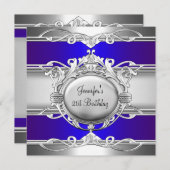 Invitation 21e Anniversaire Métal Chrome Bleu Plaque Argent (Devant / Derrière)