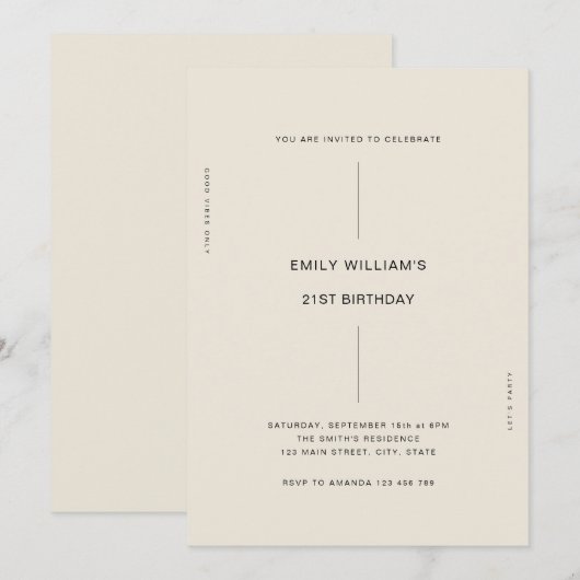 Invitation 21e anniversaire minimal moderne (Devant / Derrière)
