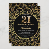 Invitation 21e anniversaire Modèle floral noir et or (Devant / Derrière)