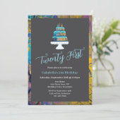 Invitation 21e Anniversaire Moderne Avec Gâteau Bleu (Debout devant)