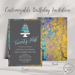 Invitation 21e Anniversaire Moderne Avec Gâteau Bleu