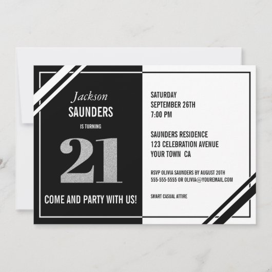 Invitation 21e anniversaire moderne Black and White Party (Devant)