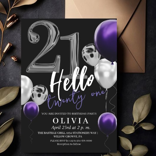 Invitation 21e anniversaire moderne Black Silver violet Ballo