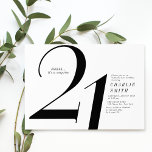 Invitation 21e anniversaire moderne minimaliste noir et blanc<br><div class="desc">L'invitation de la fête du 21e anniversaire minimaliste moderne en noir et blanc comprend le numéro 21 élégant et les détails de votre fête en police serif classique,  simple et élégant,  grande surprise invitation d'anniversaire adulte jalon pour hommes et femmes.</div>