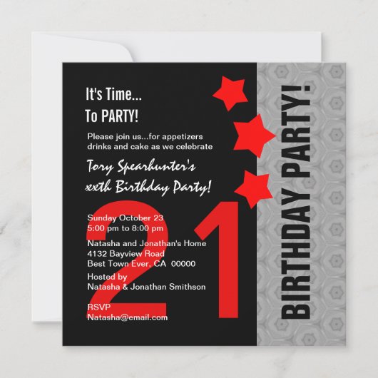 Invitation 21e anniversaire moderne rouge argent noir A13 rou (Devant)