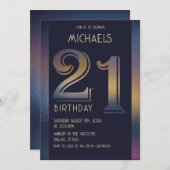 Invitation 21e anniversaire moderne violet foncé et or (Devant / Derrière)
