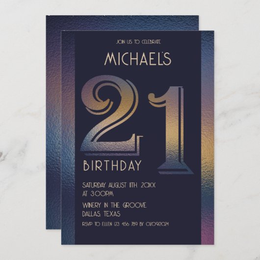 Invitation 21e anniversaire moderne violet foncé et or (Devant / Derrière)