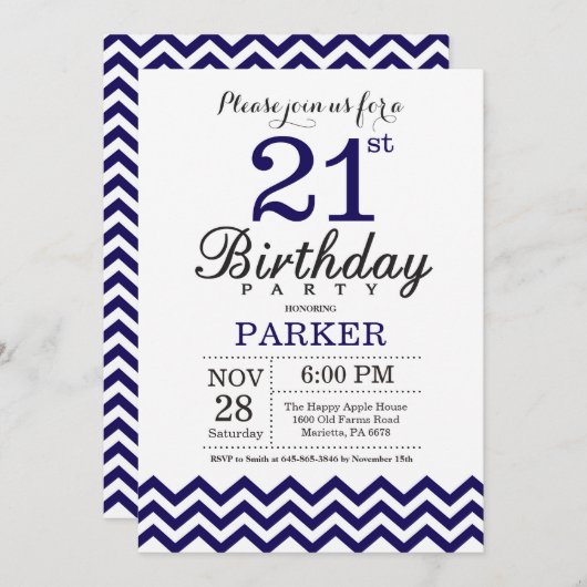 Invitation 21e anniversaire Navy Blue Chevron (Devant / Derrière)