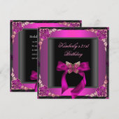 Invitation 21e Anniversaire Noir Argent Rose Papillon (Devant / Derrière)