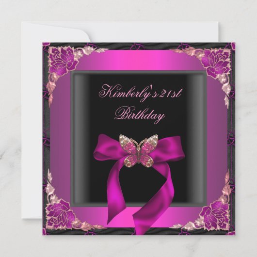 Invitation 21e Anniversaire Noir Argent Rose Papillon (Devant)