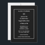 Invitation 21e anniversaire noir blanc moderne minimaliste pe<br><div class="desc">Imprimé avec un arrière - plan noir blanc élégant et élégant et des modèles de texte personnalisés que vous pouvez modifier et customiser! Vous pouvez également changer de couleur et d'âge si vous le souhaitez !</div>