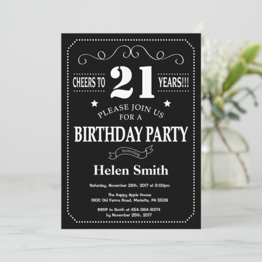 Invitation 21e Anniversaire Noir et Blanc Chalkboard (Debout devant)