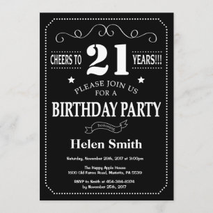 Invitation 21e Anniversaire Noir et Blanc Chalkboard
