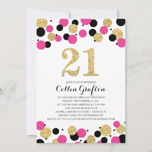 Invitation 21e anniversaire Noir Hot Pink Gold Parties scinti (Devant)
