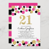 Invitation 21e anniversaire Noir Hot Pink Gold Parties scinti (Devant / Derrière)