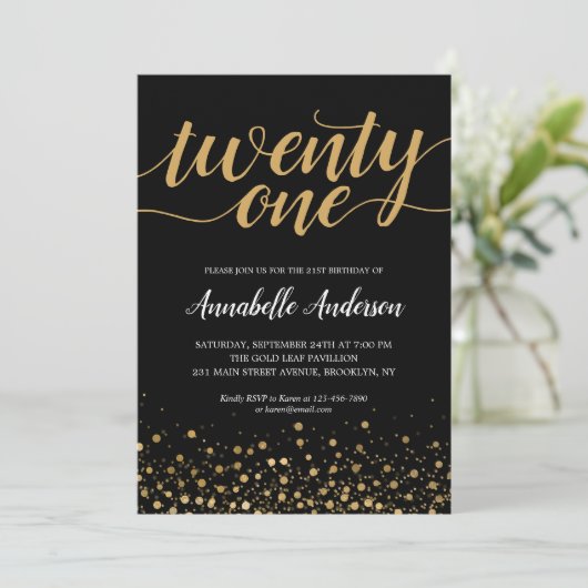 Invitation 21e Anniversaire Noir moderne Confetti Script (Debout devant)
